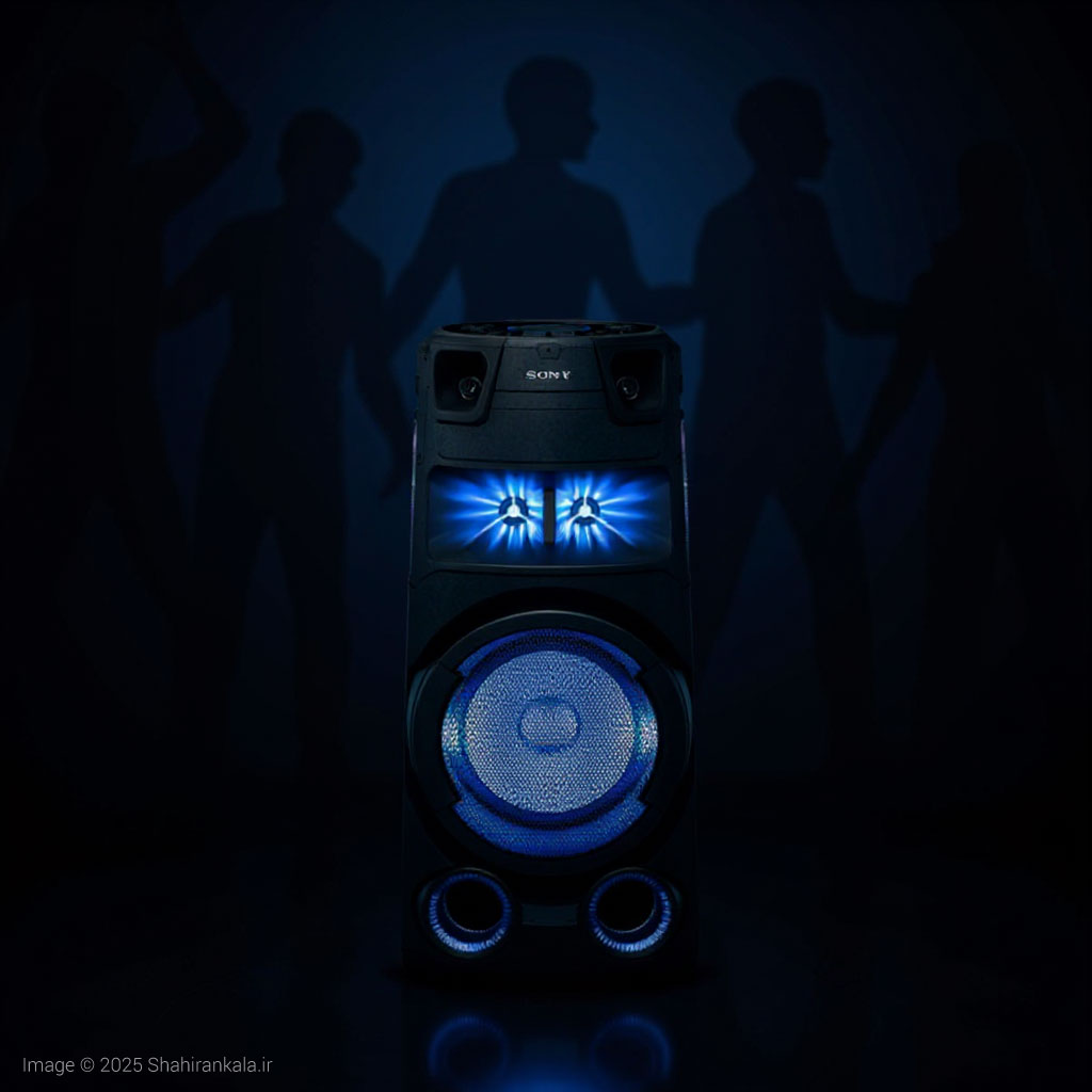 اسپیکر سونی مدل MHC-V73D با نورپردازی آبی در یک فضای تاریک با سایه افراد در حال رقص.