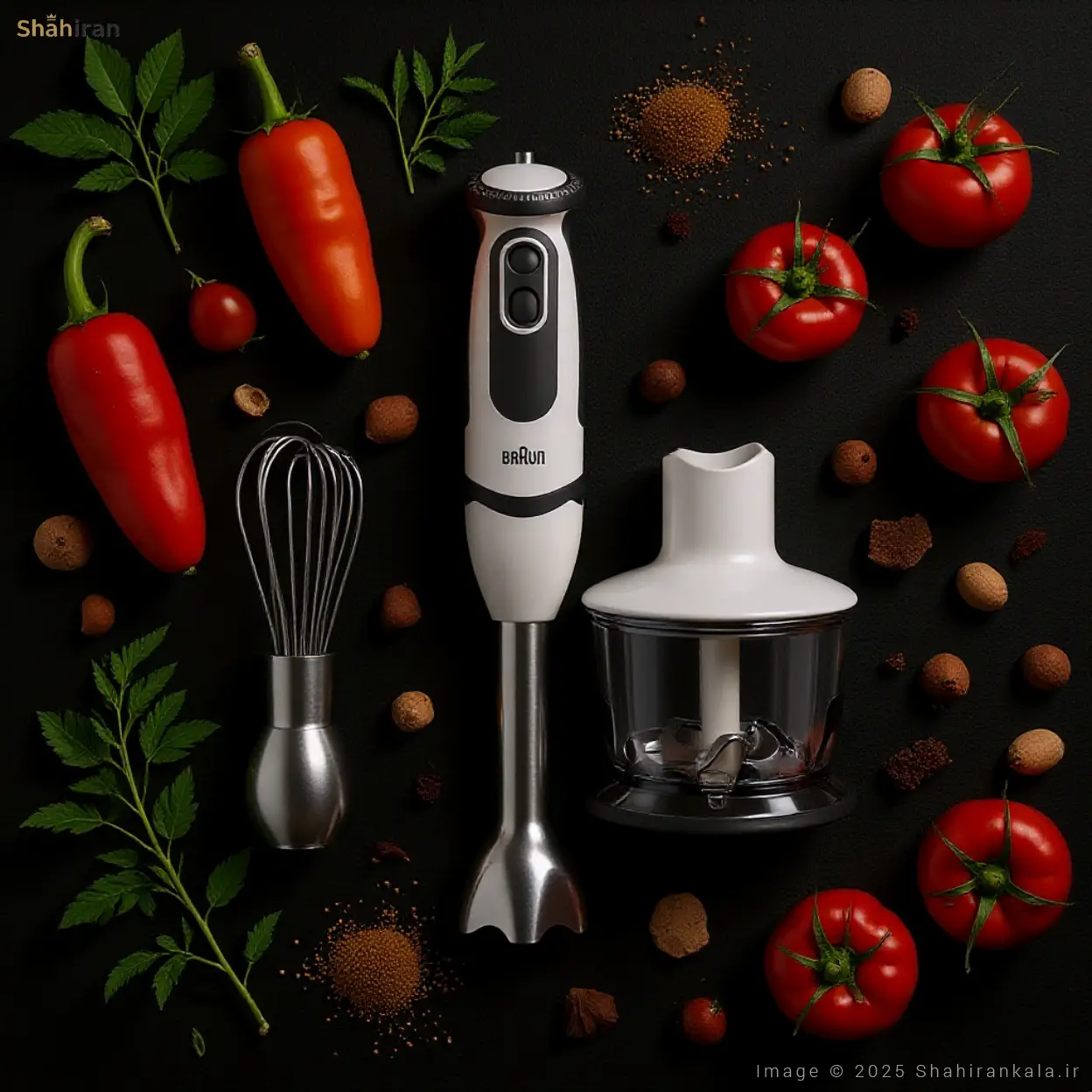 پوستر هنری با چیدمان گوشت کوب برقی براون MQ5235 و مواد اولیه تازه، با تاکید بر خلاقیت در آشپزی.