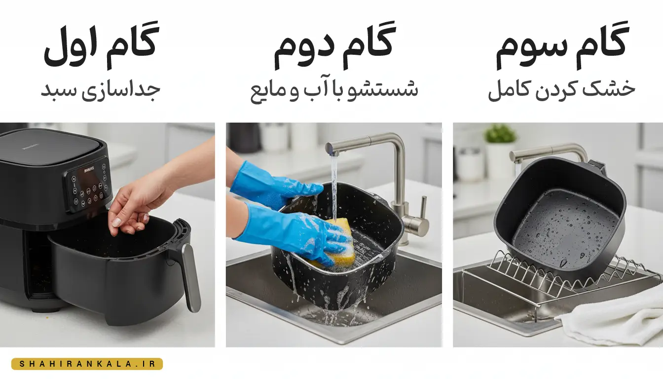 آموزش تصویری تمیز کردن سبد نچسب سرخ کن بدون روغن