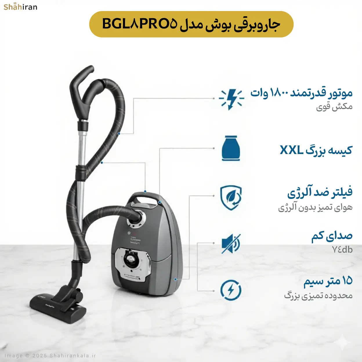 اینفوگرافیک ویژگی‌های کلیدی جاروبرقی بوش BGL8PRO5: قدرت، ظرفیت، فیلتر بهداشتی
